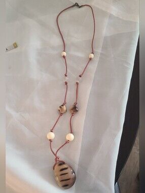 Handcrafted Tan & Brown Striped Pendant Necklace - Women Jewelry 34" Strand